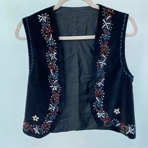Y2K Boho Black Velvet Multicolor Beaded Open Vest Size Medium
